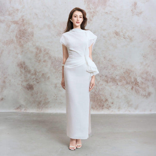 DENIO White Sylphy Asymmetric Side-Slit Sculpted Maxi Dress