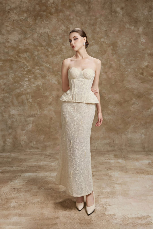 Cream Strapless Lace Peplum Sylvia Corset Top & Camila Midi Skirt