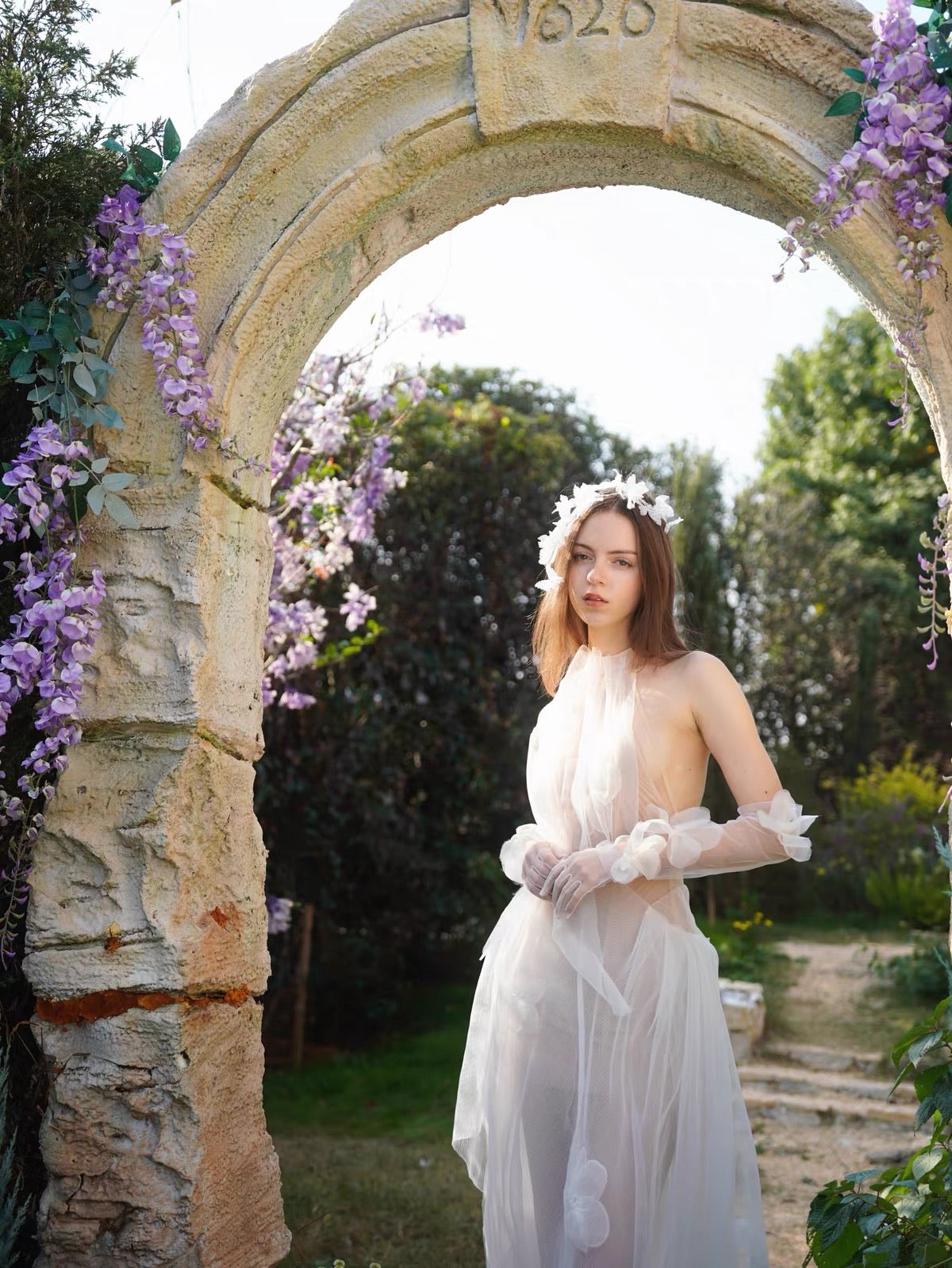 White Halter 3D Floral Sheer Tulle Midi Dress