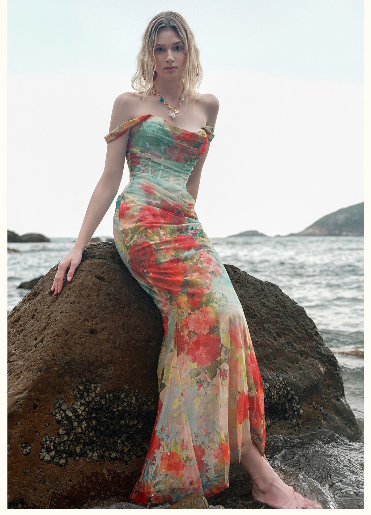 Multicolour Floral Off-Shoulder Corset Fishtail Maxi Dress