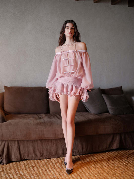 Purple Off-Shoulder Chiffon Puff Sleeve Bow Button Ruffle Mini Dress