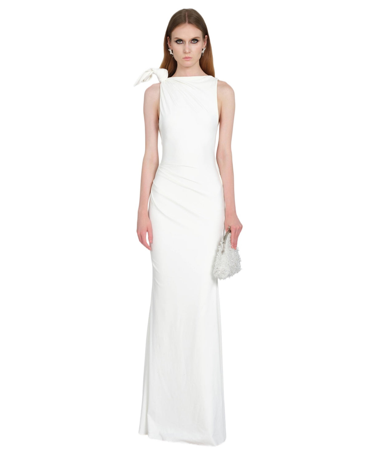 White Sleeveless Asymmetric Shoulder-Knot Draped Fitted Tya Maxi Dress