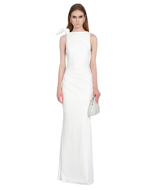 White Sleeveless Asymmetric Shoulder-Knot Draped Fitted Tya Maxi Dress