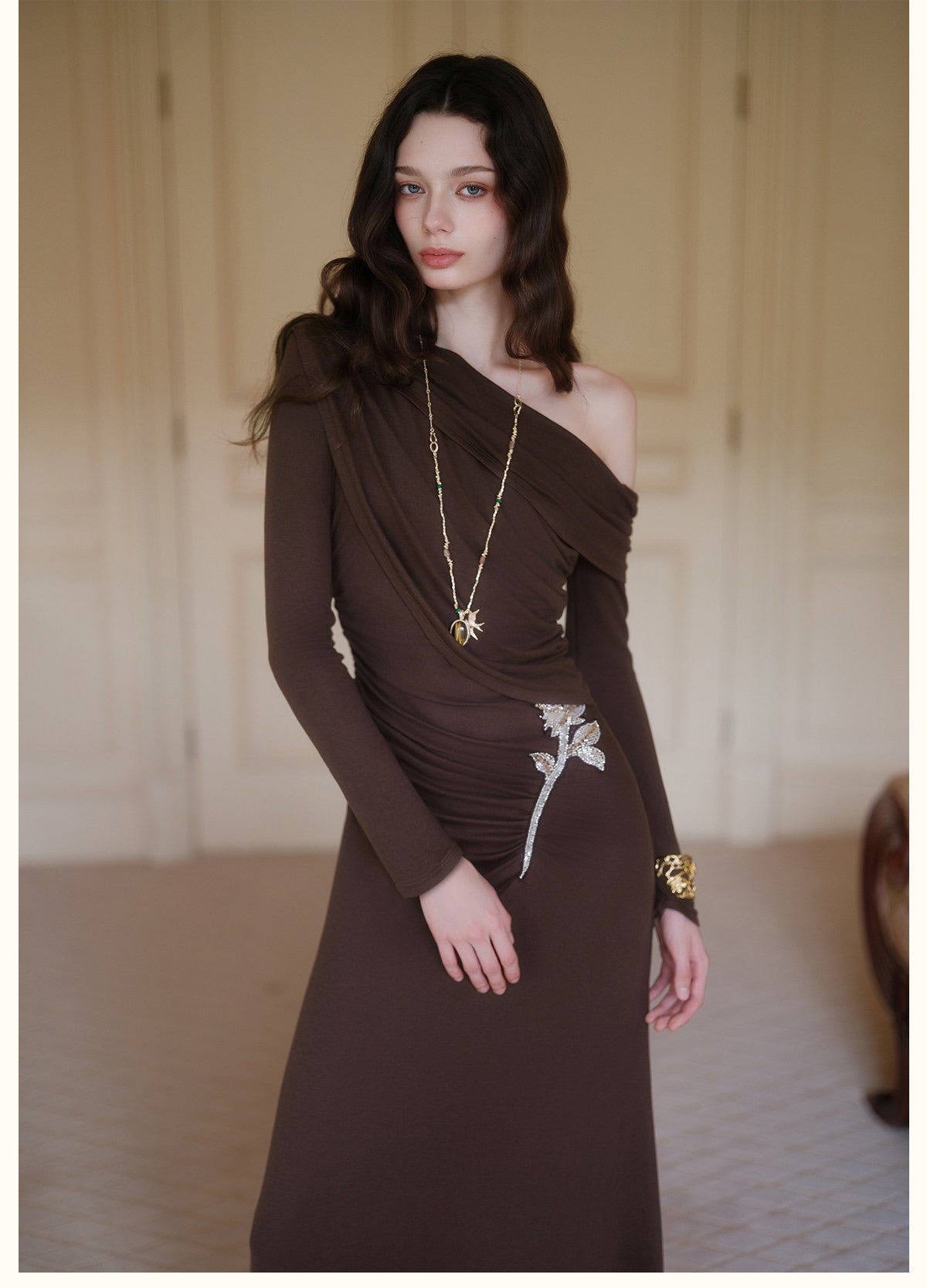 Brown Off-Shoulder Cross-Drape Long-Sleeve Knit Gown Midi Dress