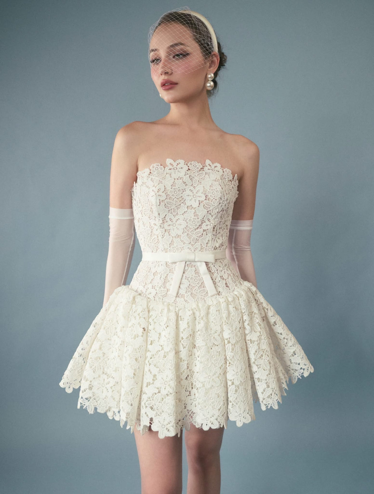 White Lace Bow Sweetheart Mini Dress