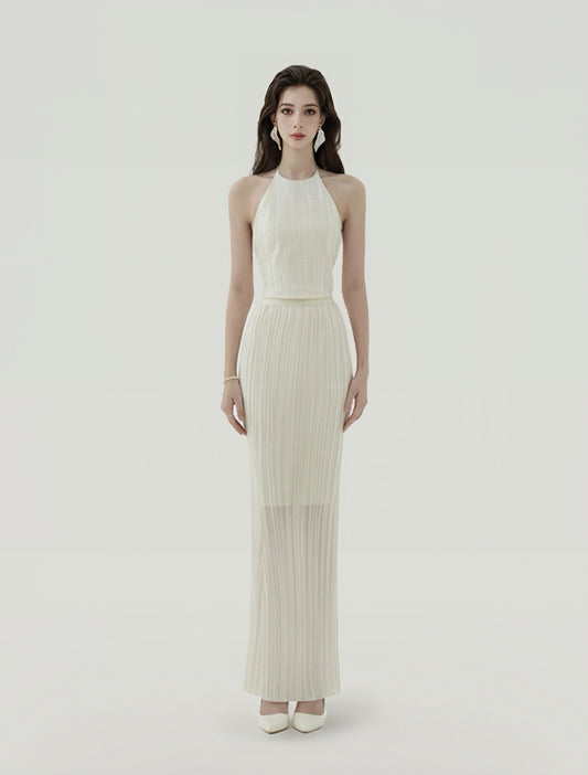 White Halter Vertical Pleated Two-Piece Bodycon Maxi Dress