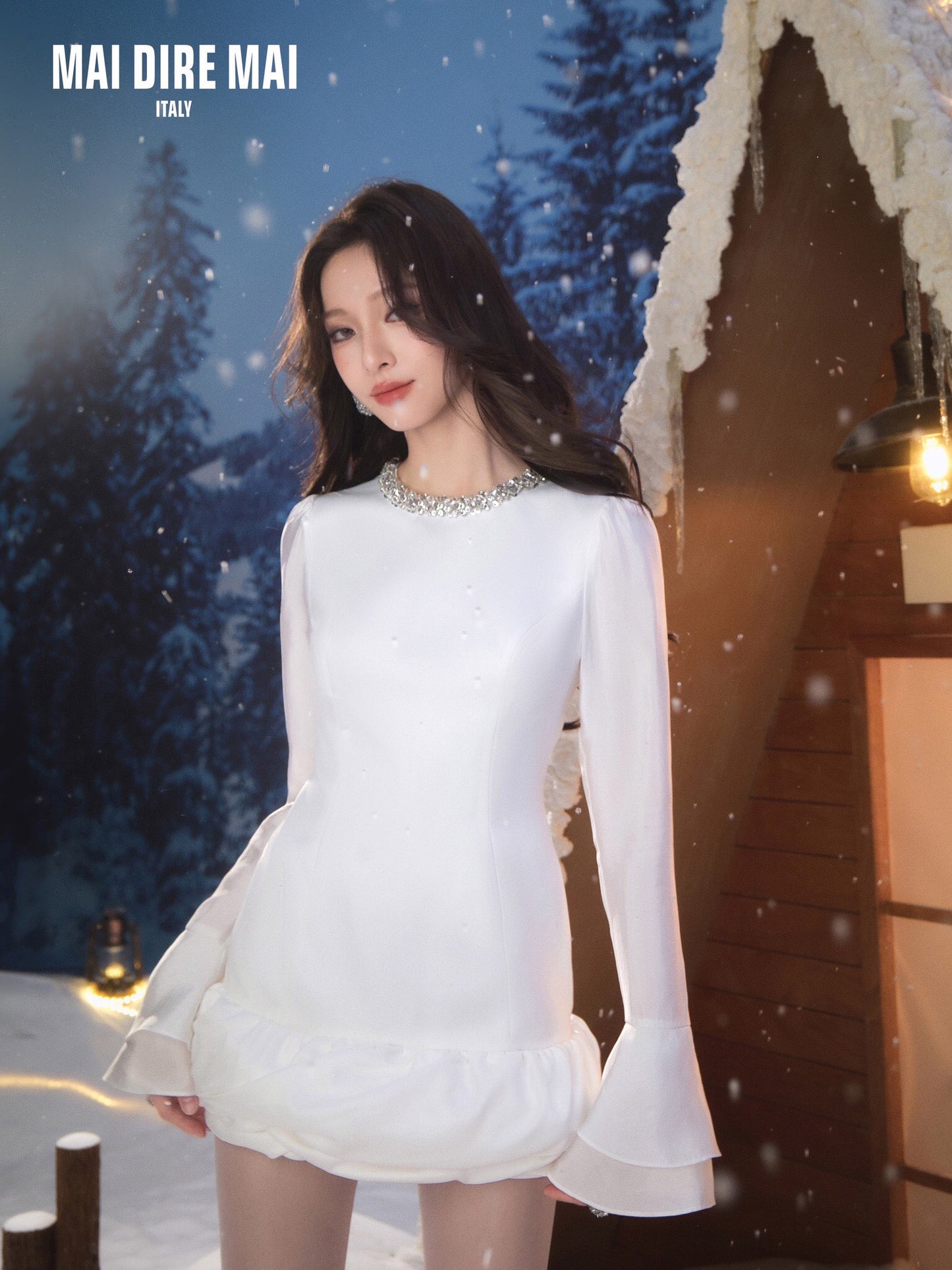 MAI DIRE MAI White Diamond Long-Sleeved Mini Dress