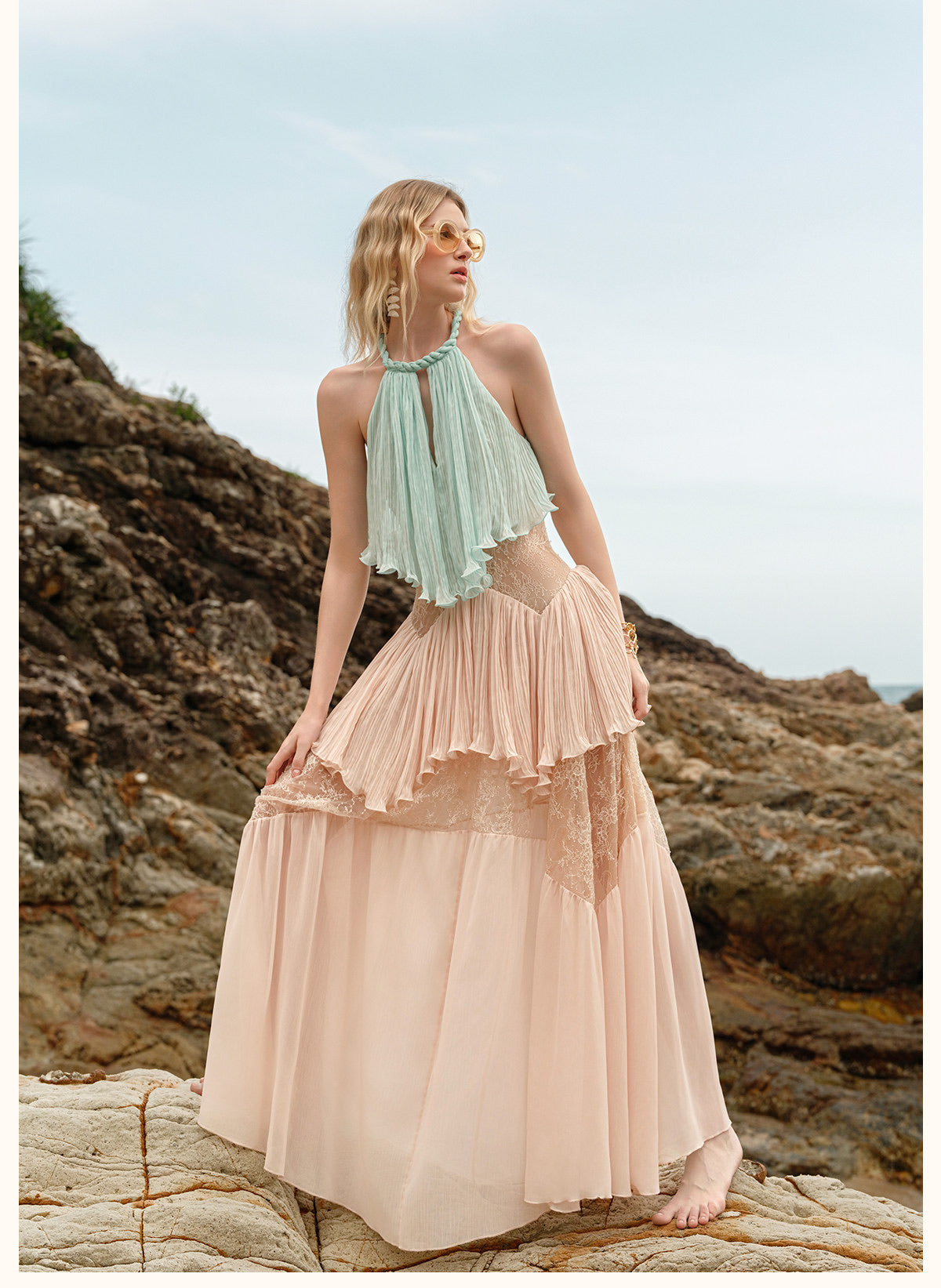 Sheerluck Elegant Vacation Blue Green Laguna French Lace Maxi Dress