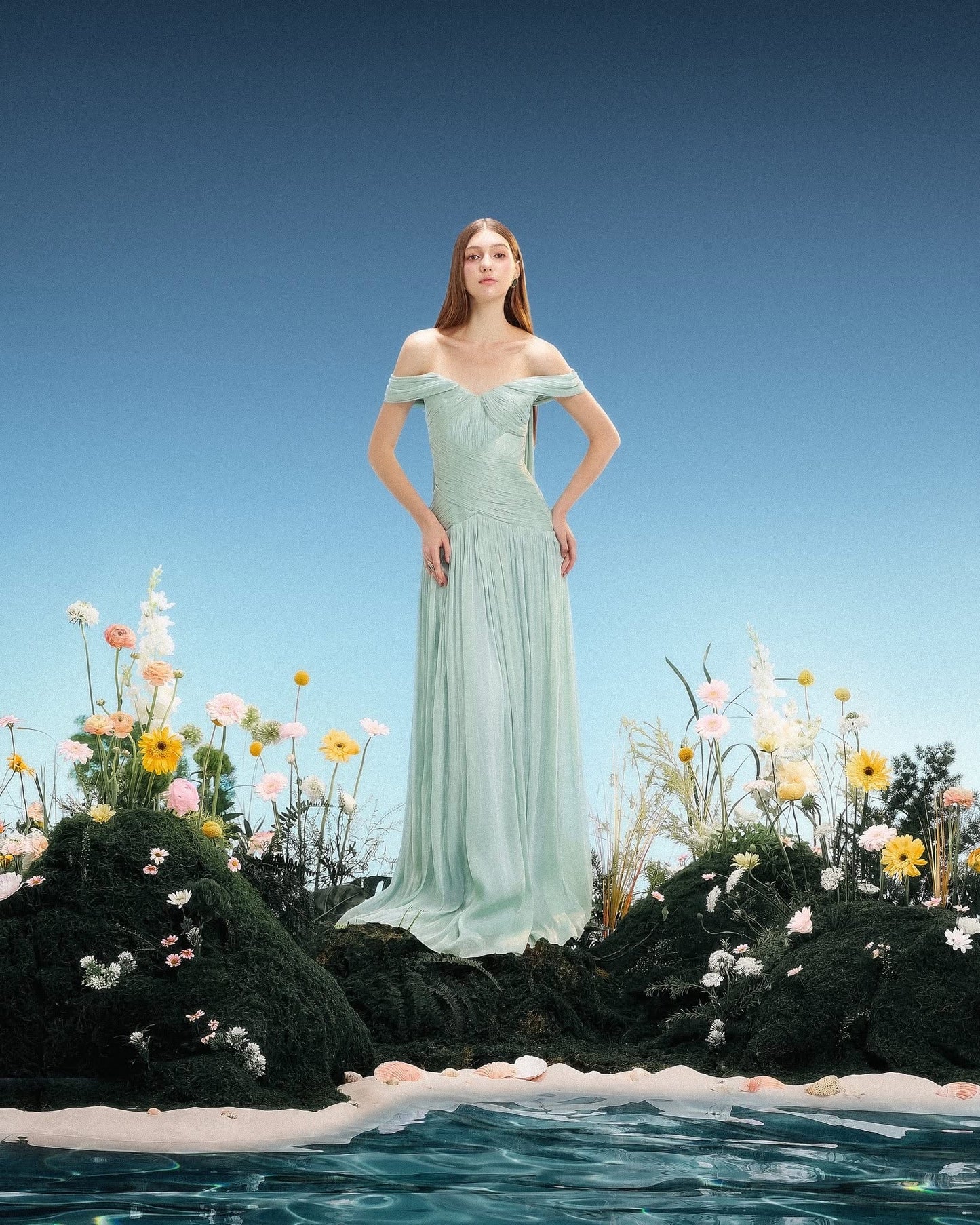 LINH PHUNG Elegant Fairycore Green Morgane Maxi Dress