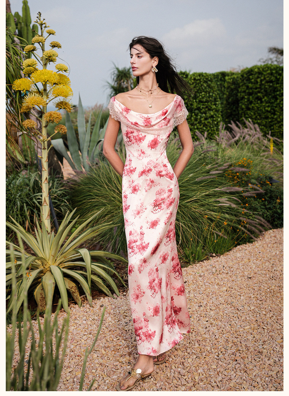 SHEERLUCK Vacation Fairycore Cream Fresco Maxi Dress