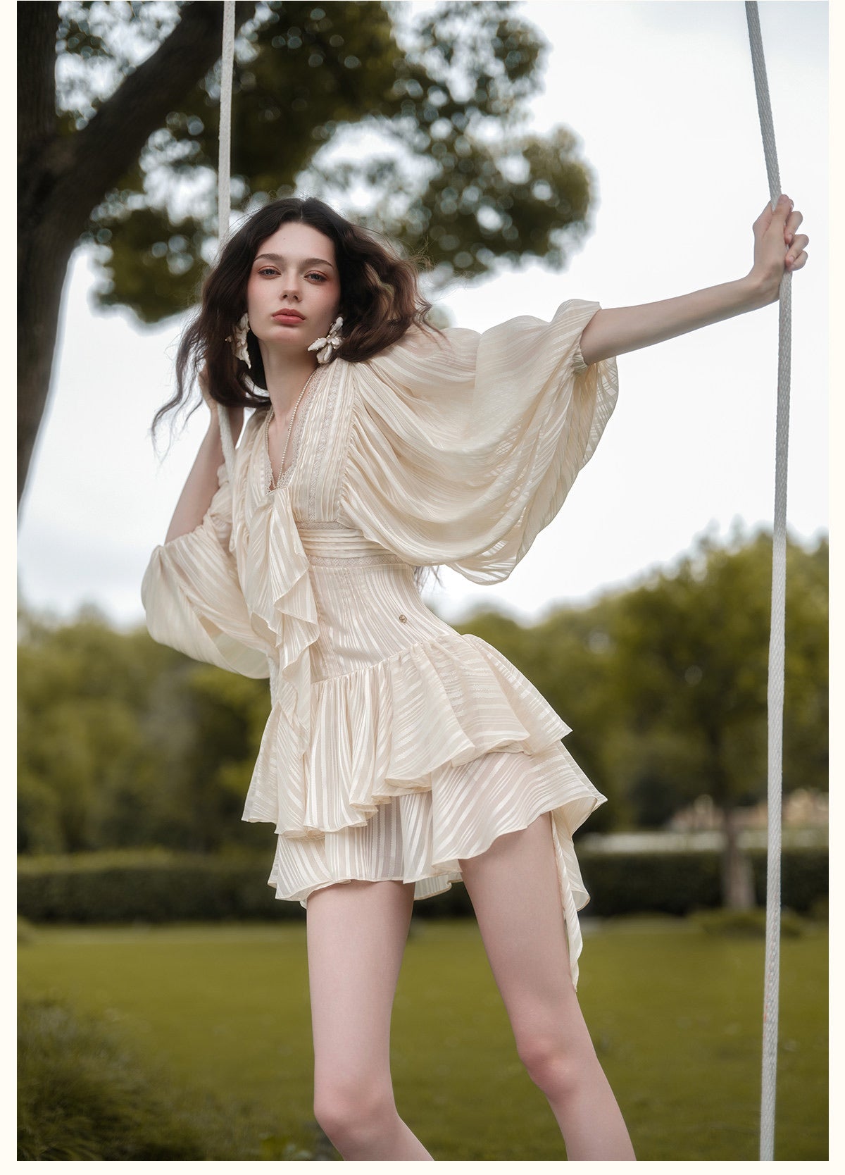 Green Striped Satin Lantern-Sleeve V-Neck Bow Tiered Mini Dress