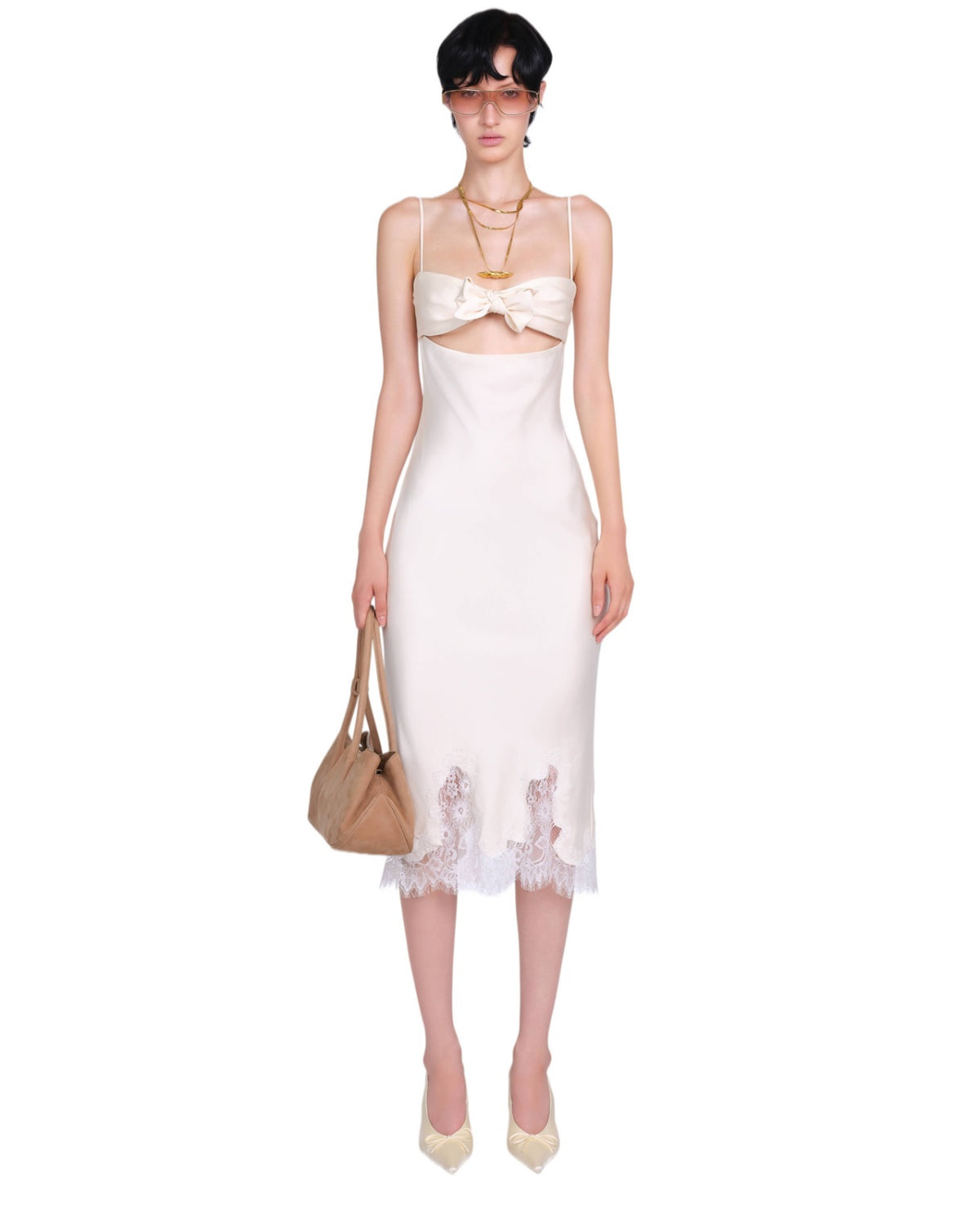 White Bow Satin Almes Midi Dress