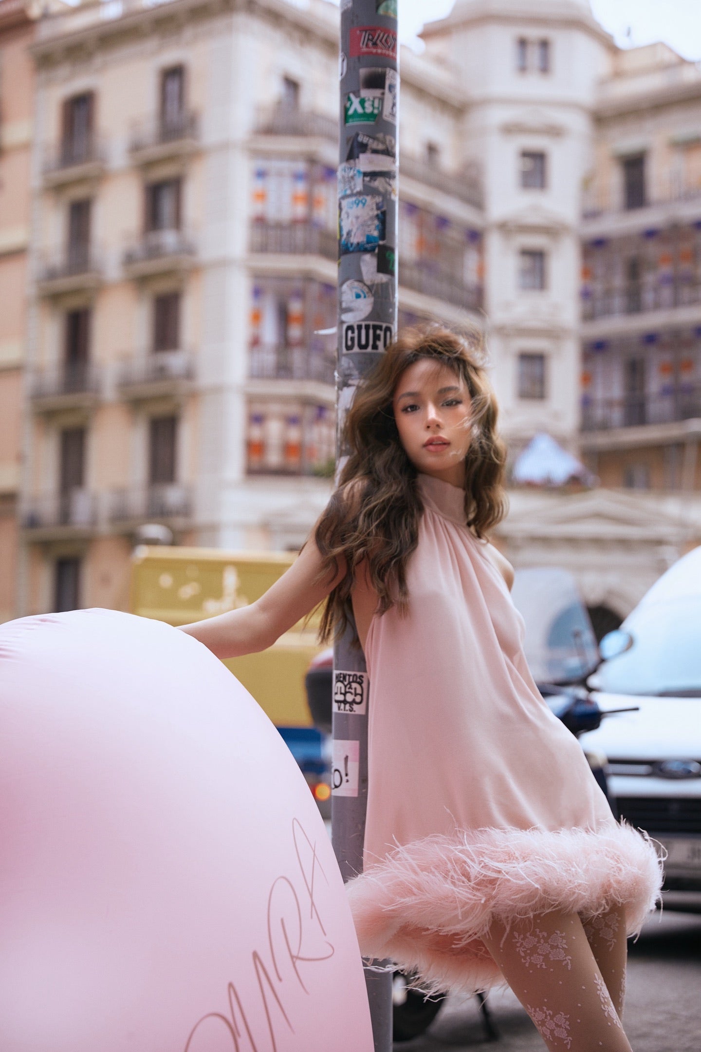 MINPURA Pink Feather Mini Dress