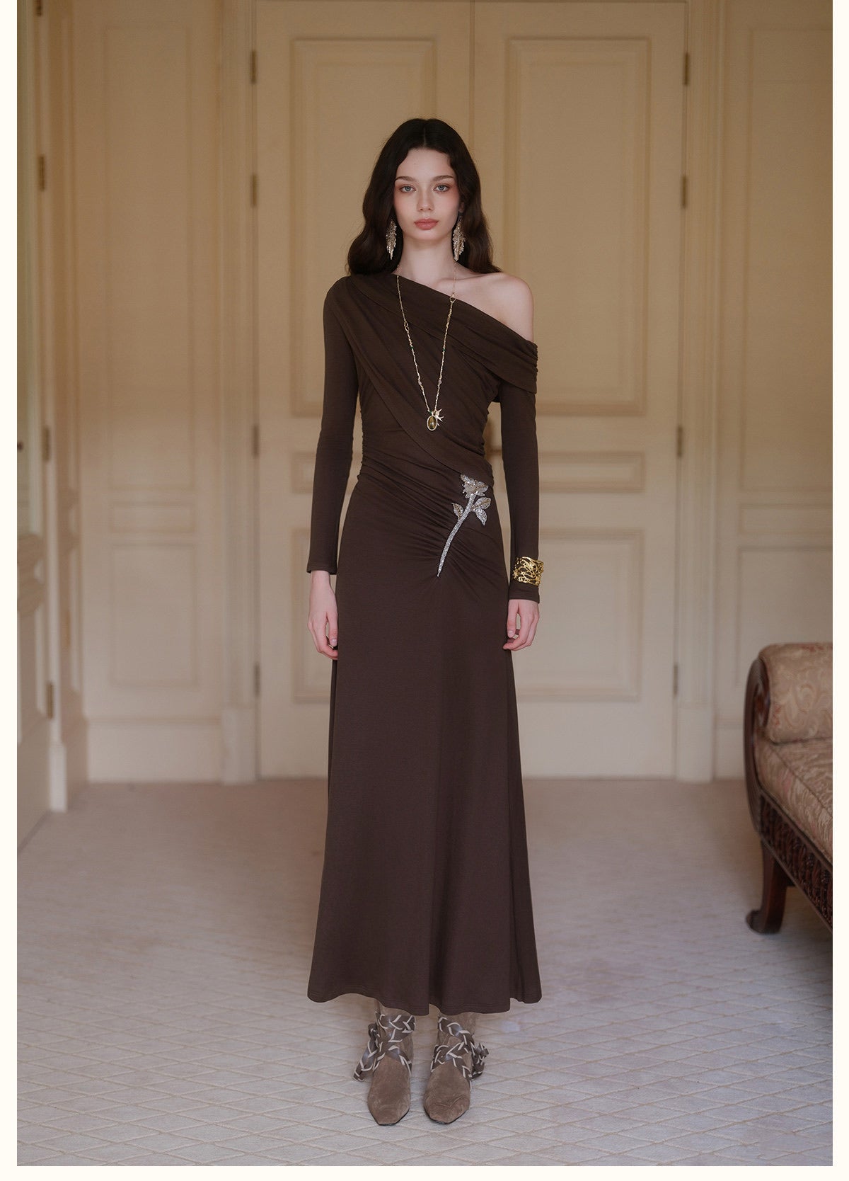 Brown Off-Shoulder Cross-Drape Long-Sleeve Knit Gown Midi Dress