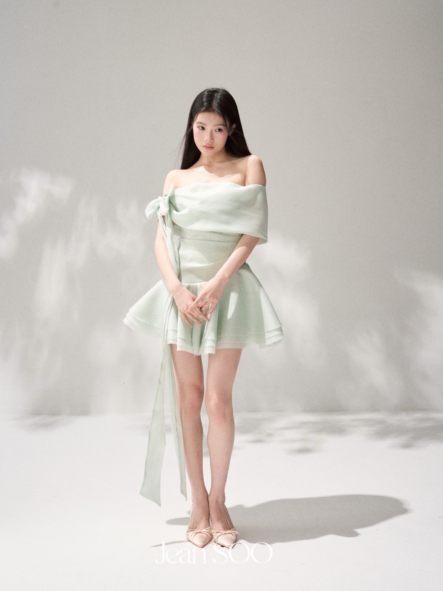 JEAN SOO Sweet Vacation Pink Satin Slopeing Shoulder Mini Dress