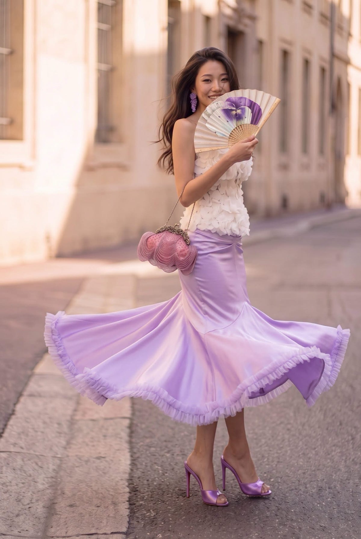 Pink Strapless 3D-Flower Maty Top & Satin High-Low Trumpet Reniosa Midi Skirt