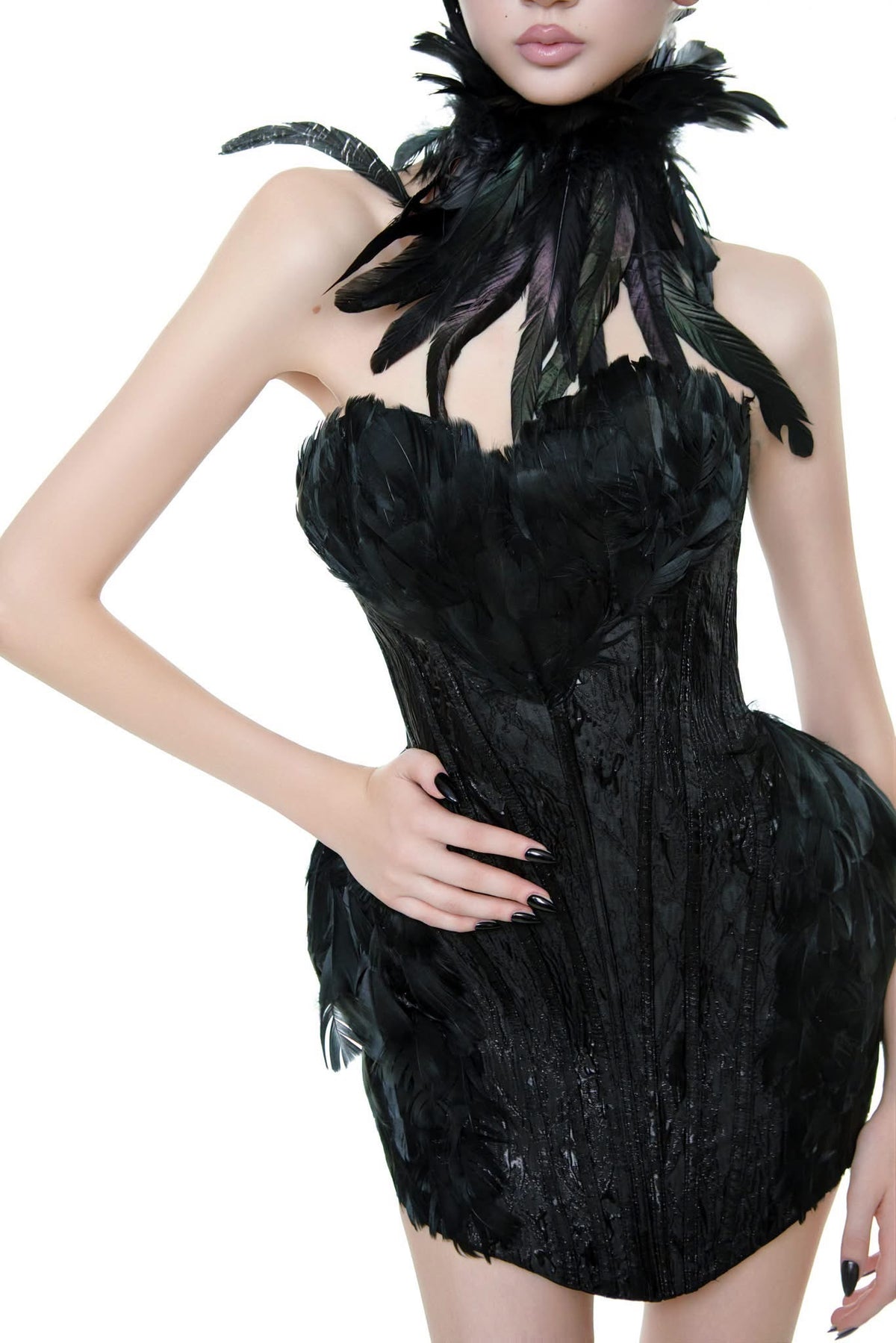 Black Feather Strapless Corset Swanilda Mini Dress with Feather Choker