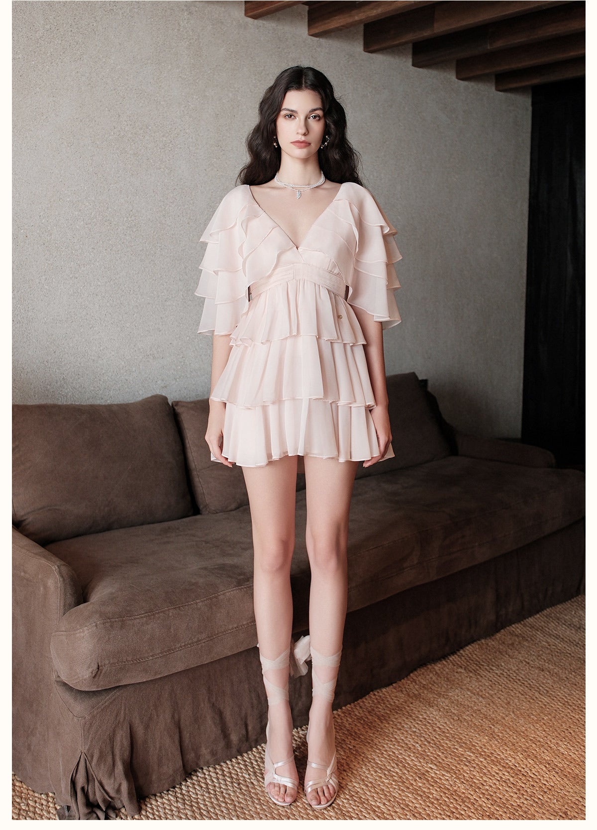 SHEERLUCK Pink Levette V-neck Vacation Mini Dress