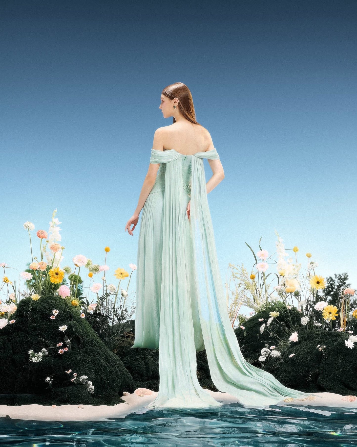 LINH PHUNG Elegant Fairycore Green Morgane Maxi Dress