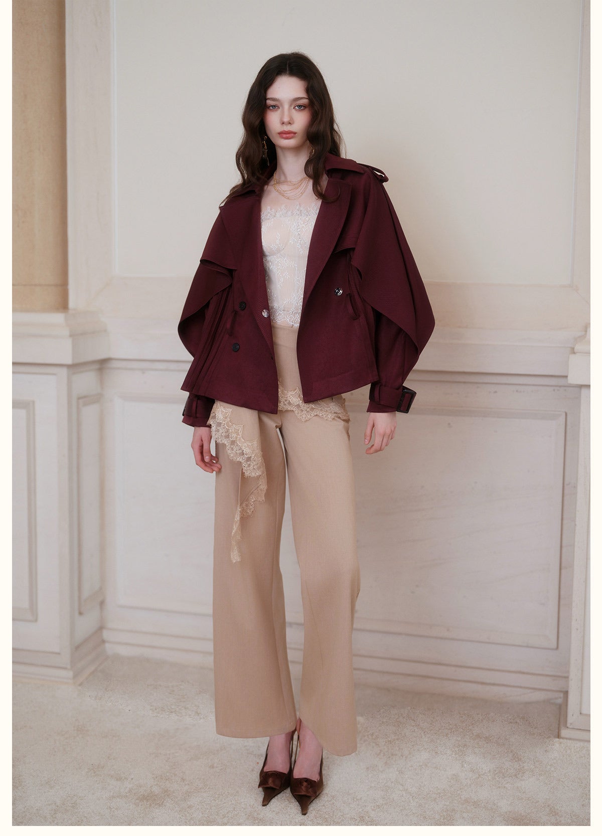 Red Cape-Sleeve Cinched Cropped Jacket