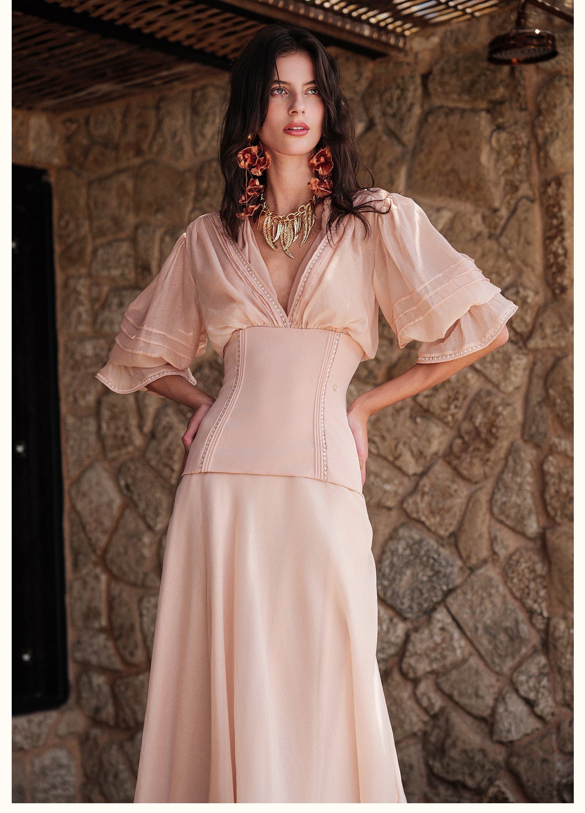 Sheerluck Elegant Vacation White Palazzo V-neck Maxi Dress