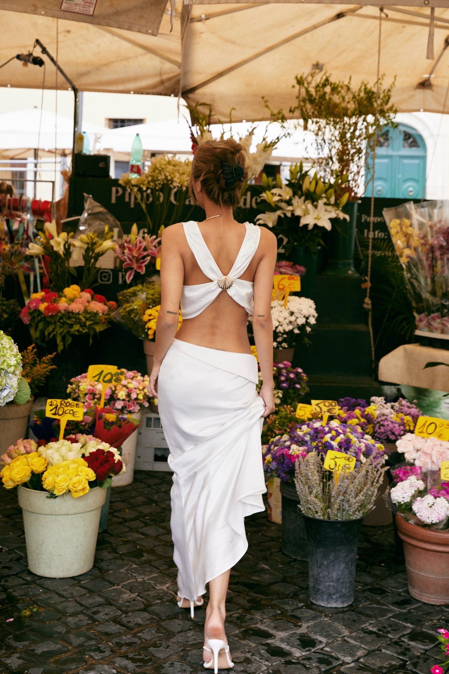 MINPURA White Backless Shell-Embellished Top & Satin Skirt