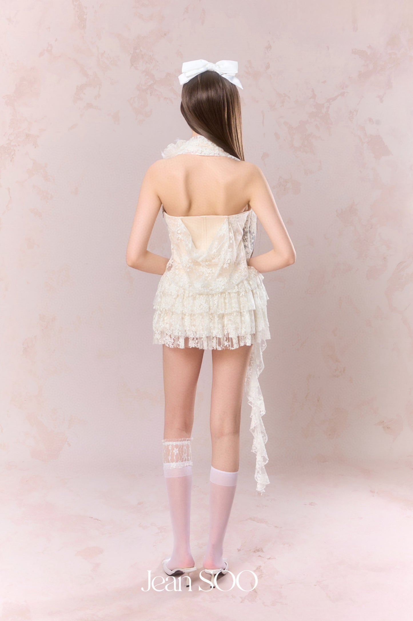 JEAN SOO Cream Neck-hanging Lace Irregular Top & Cake Skirt