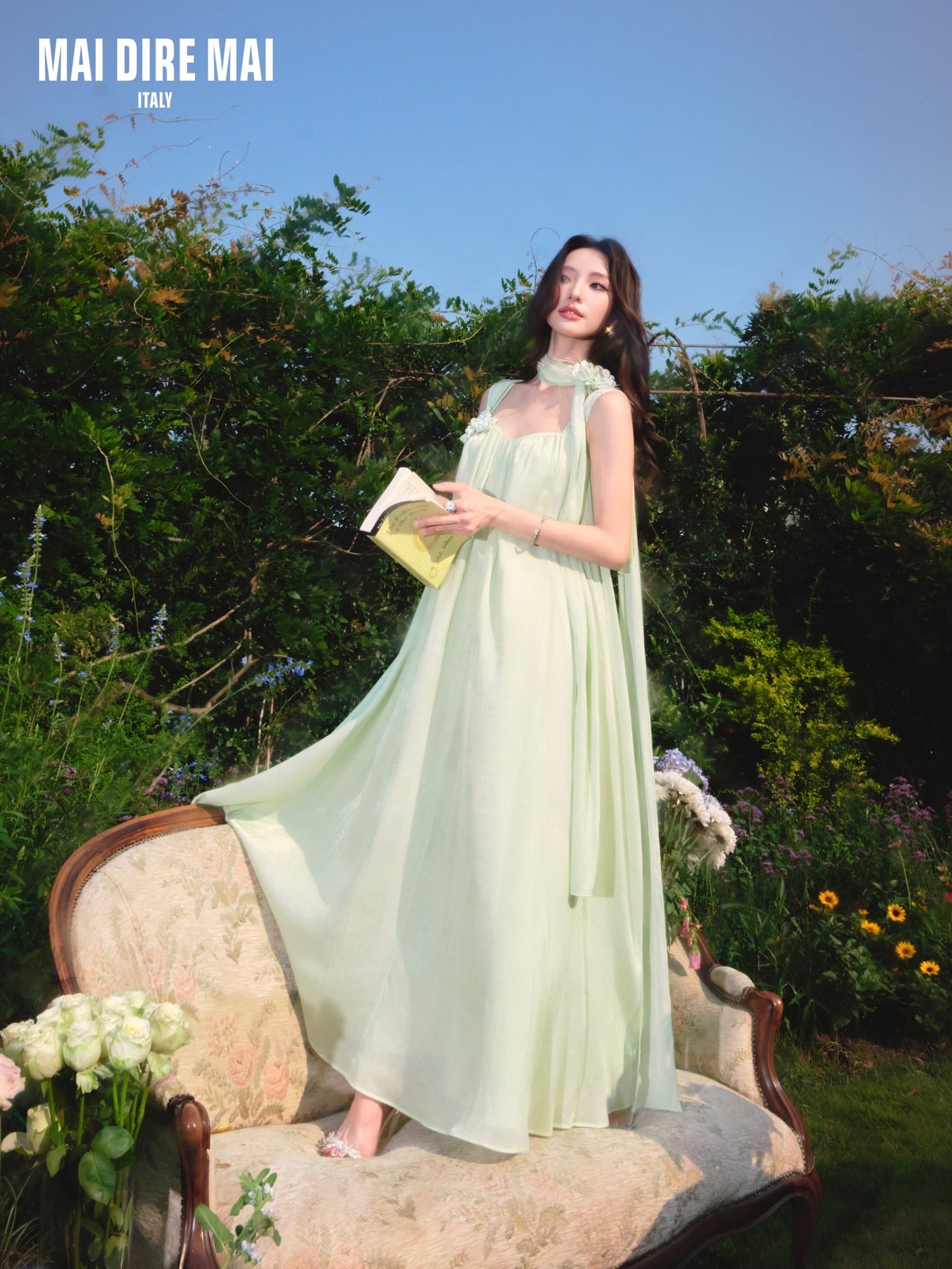 MAI DIRE MAI Green Flower Maxi Dress