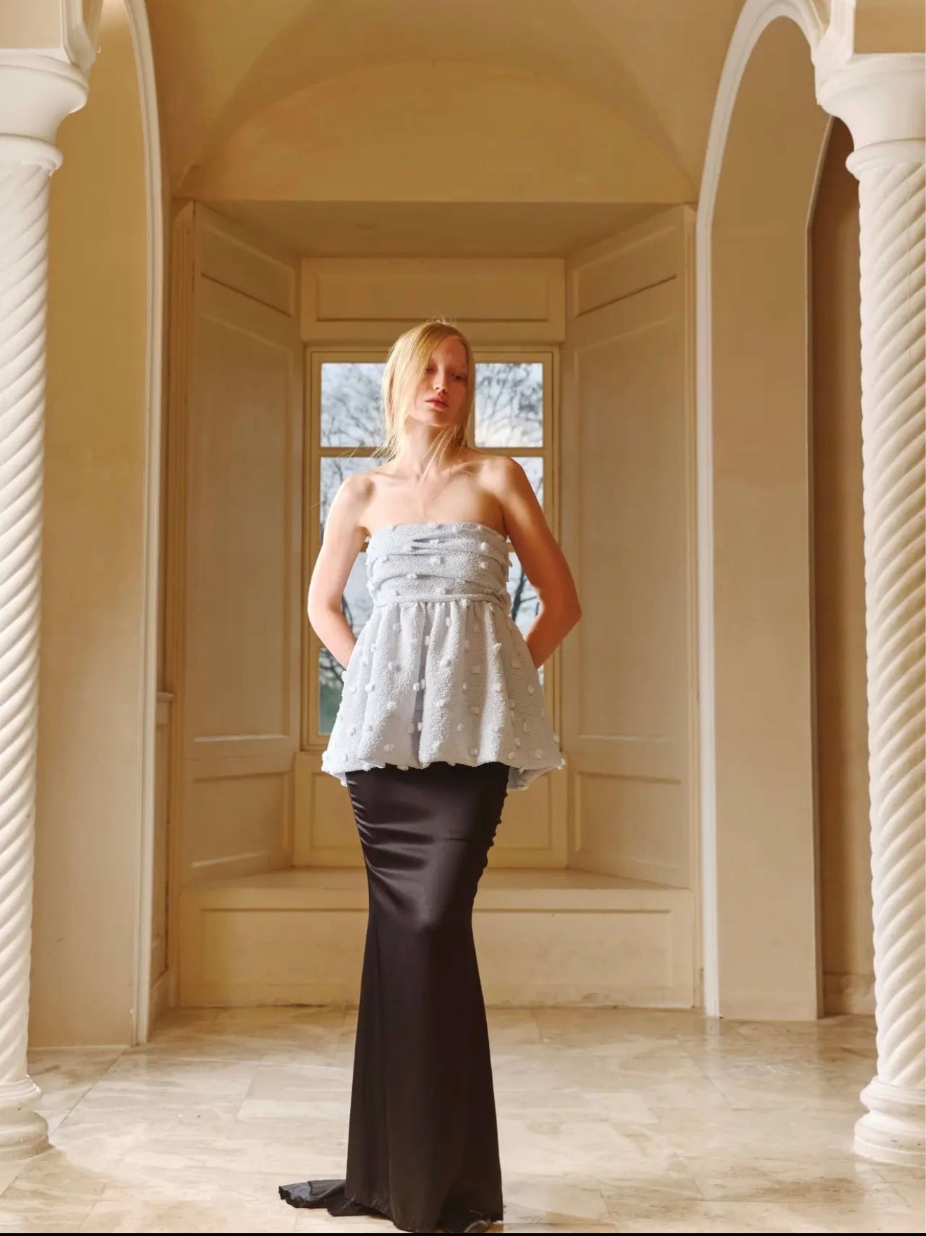 XIANGQIAOSHENG Blue Bubble Strapless Top