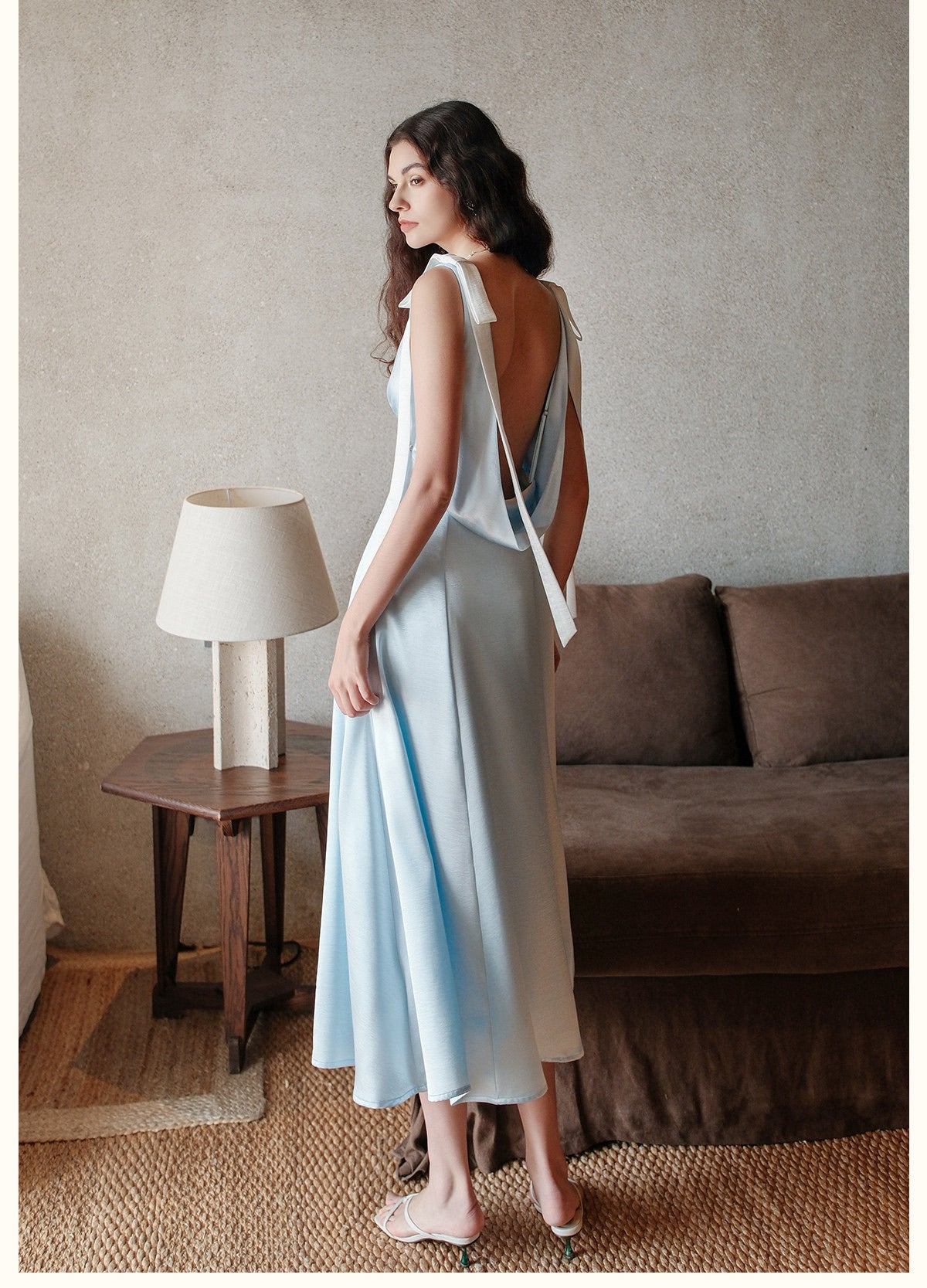 SHEERLUCK Blue Peggy V-neck Stain Vacation Midi Dress