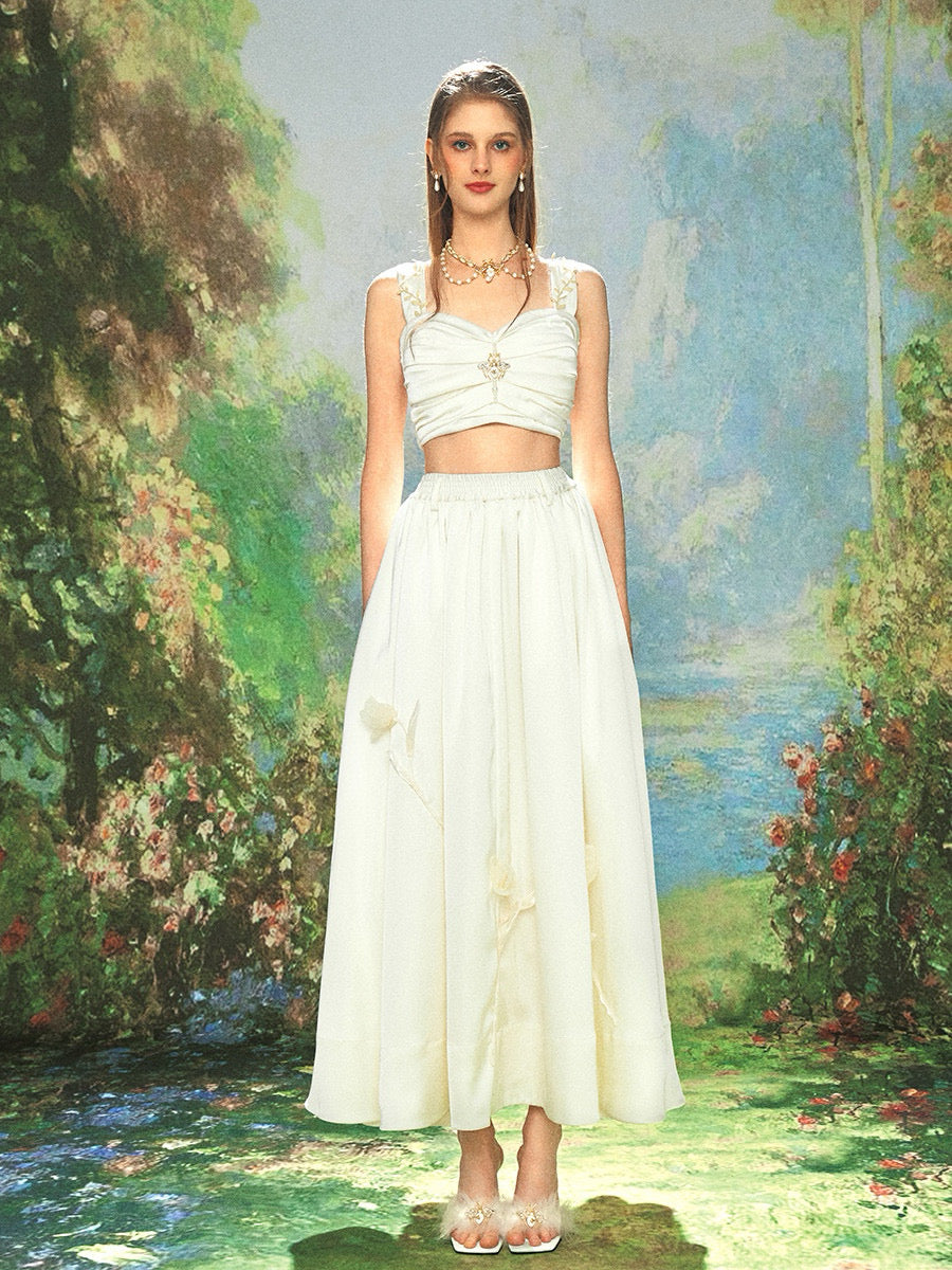 KINGWEN White Pleated Top & Satin Fishtail Skirt