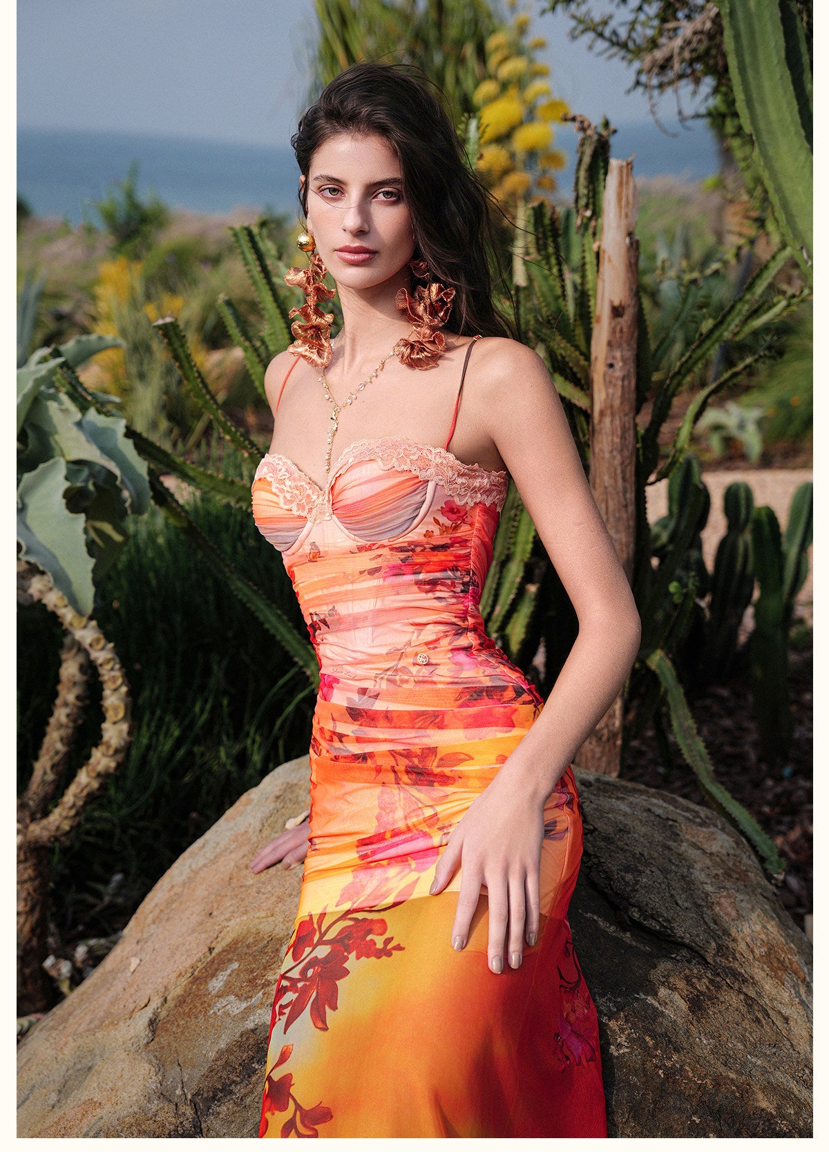 SHEERLUCK Sweet Vacation Floral Tulle Strapless Herringbone Maxi Dress