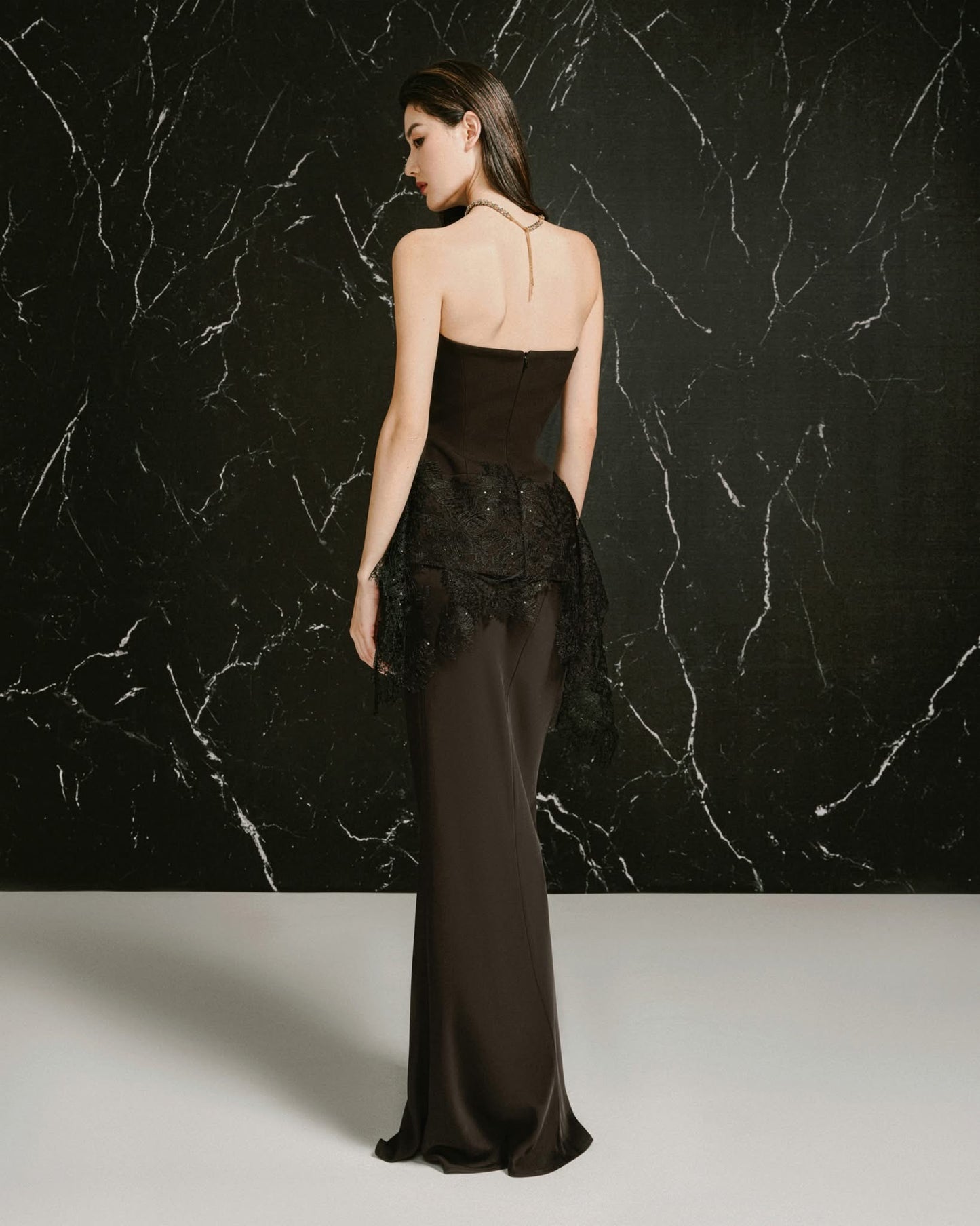 LANE JT Elegant Minimalist Black Malika Lace Top & Silk Skirt