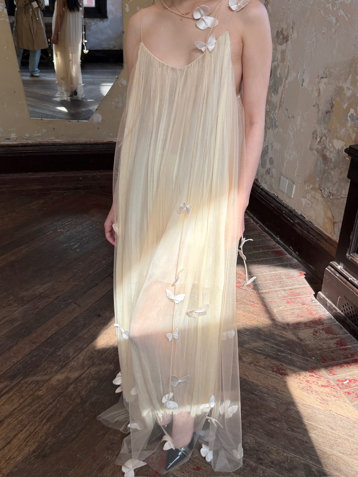 Nude Spaghetti Strap 3D Butterfly Tulle Maxi Dress
