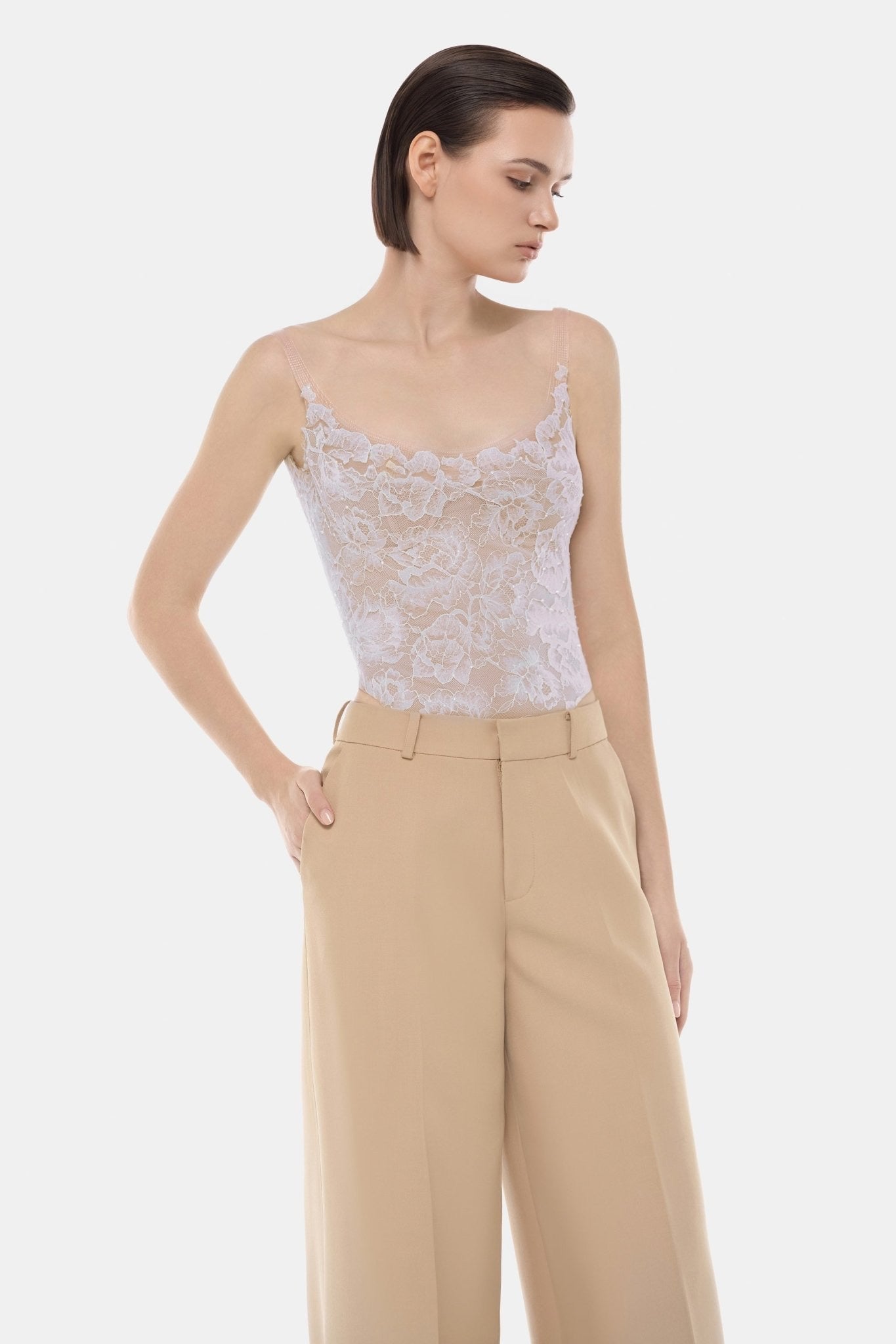 MONTSAND Nude Vacation Elegant Sheer Lace Top