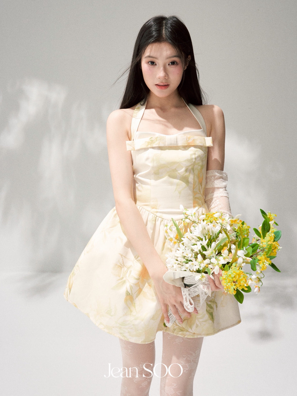 Yellow Ink Floral Halter Strapless Bow A-Line Mini Dress