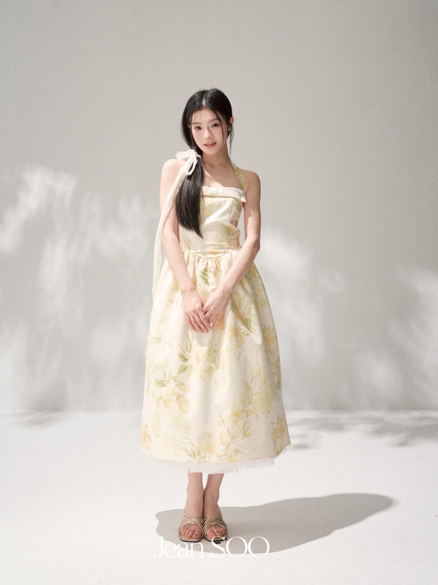 Yellow Ink Floral Halter Strapless Bow Swing Midi Dress