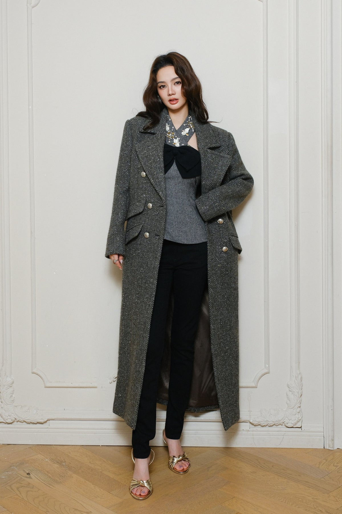 Maison Wester Grey Patterned Double-Button Long Coat