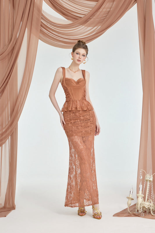 SHEER LUCK BROWN& PINK LACE TOP MAXI SKIRT