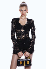 Black 3D Floral Lace Cut‑out Long‑sleeve Top and short set