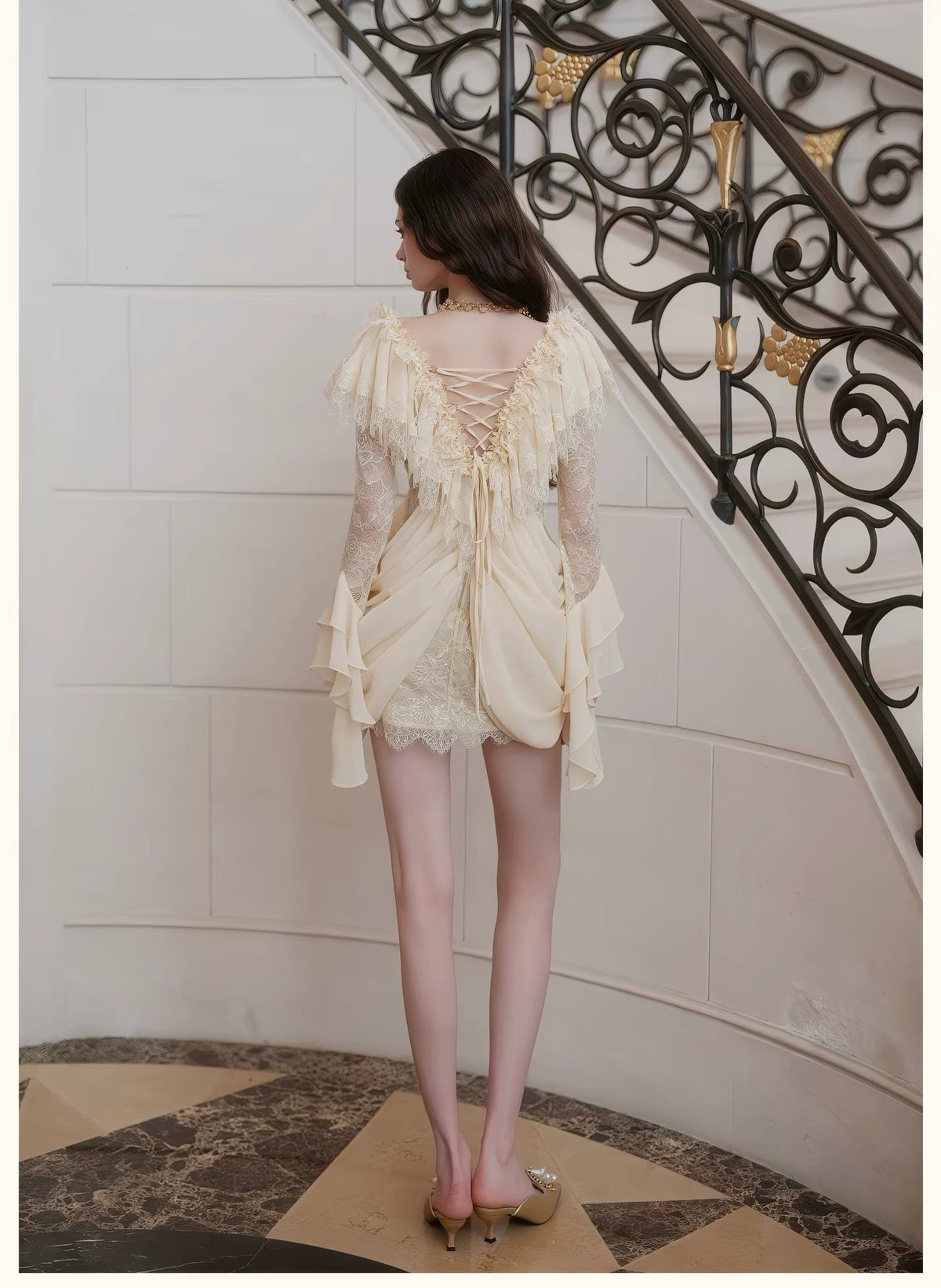 Cream V-Neck Lace Ruffle Long-Sleeve Mini Dress