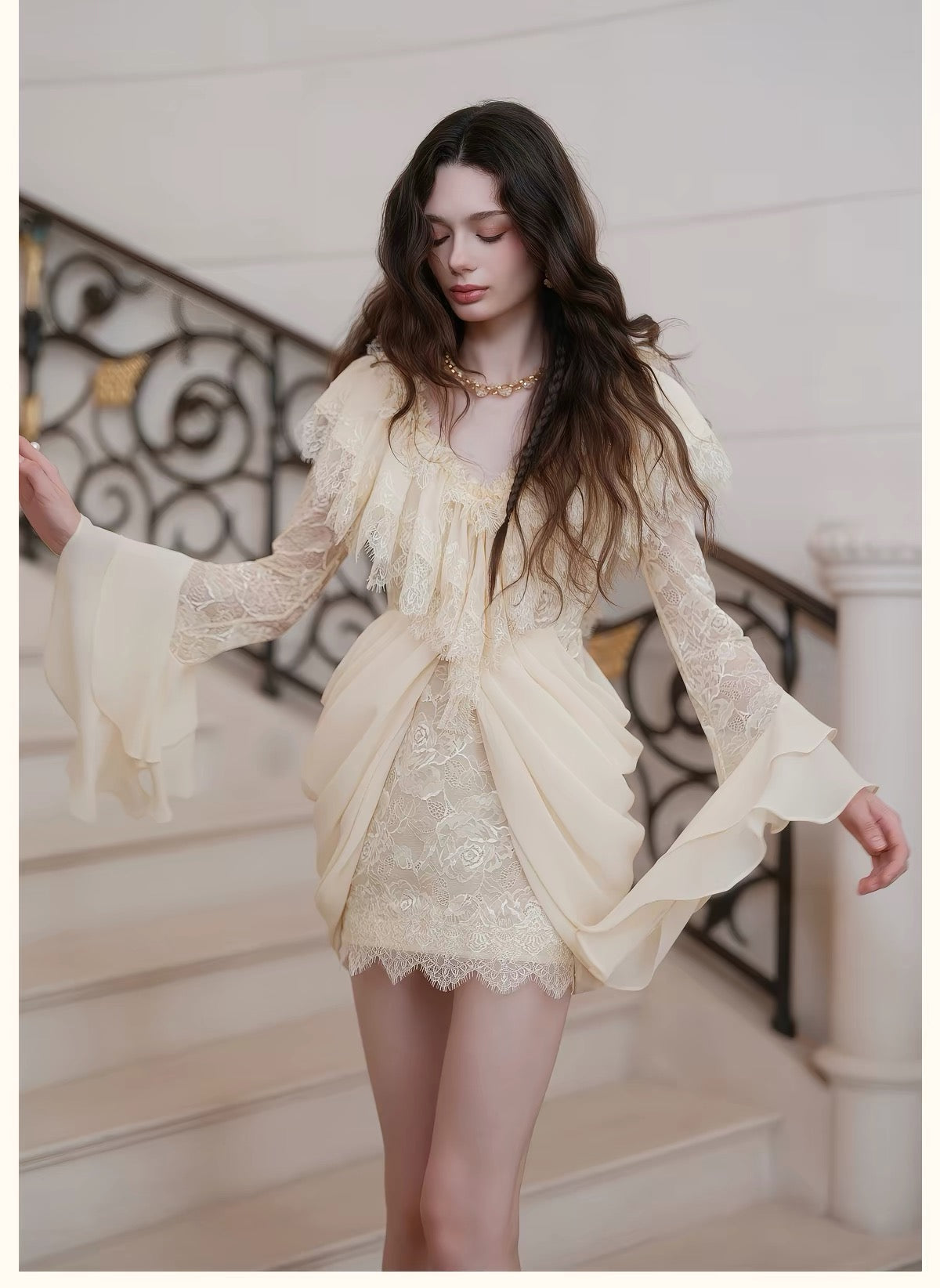 Cream V-Neck Lace Ruffle Long-Sleeve Mini Dress