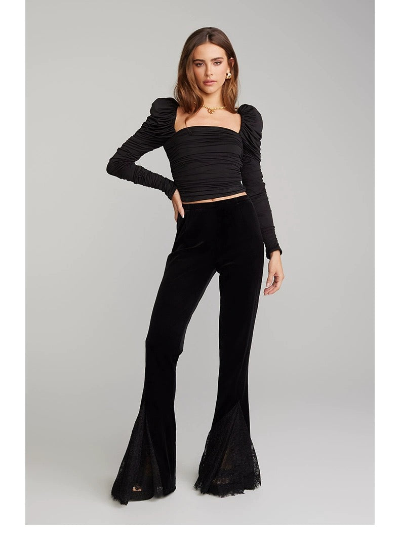 Nana Jacqueline Pink｜Black｜White Square Neck Top & Black Velvet Lace Pants