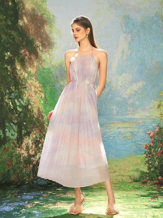 KINGWEN pink & white chiffon pressed pleated backless maxi dress