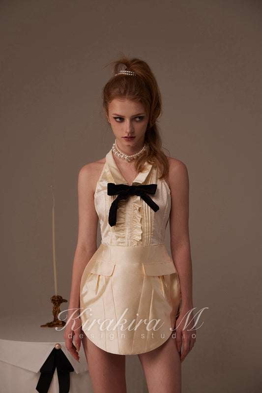 Kirakira M Cream V-neck Bow Mini Dress