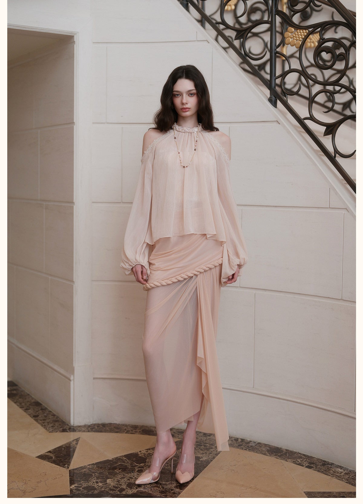 Cream Halter Off-Shoulder Lantern-Sleeve Metallic Shirt