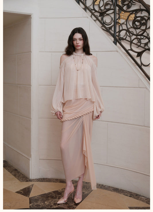 Cream Halter Off-Shoulder Lantern-Sleeve Metallic Shirt