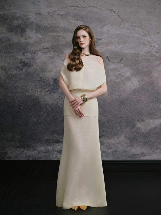 DELICATE Cream Caitlyn One-shoulder Top & Skirt
