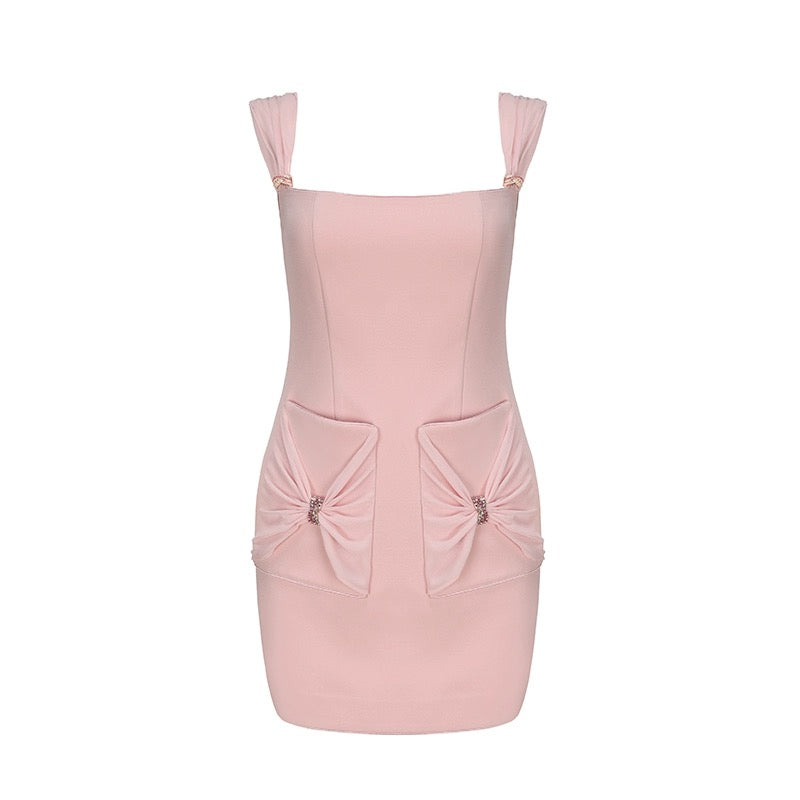 Nana Jacqueline Black｜Pink Square Neck Pinch Pleat Mini Dress