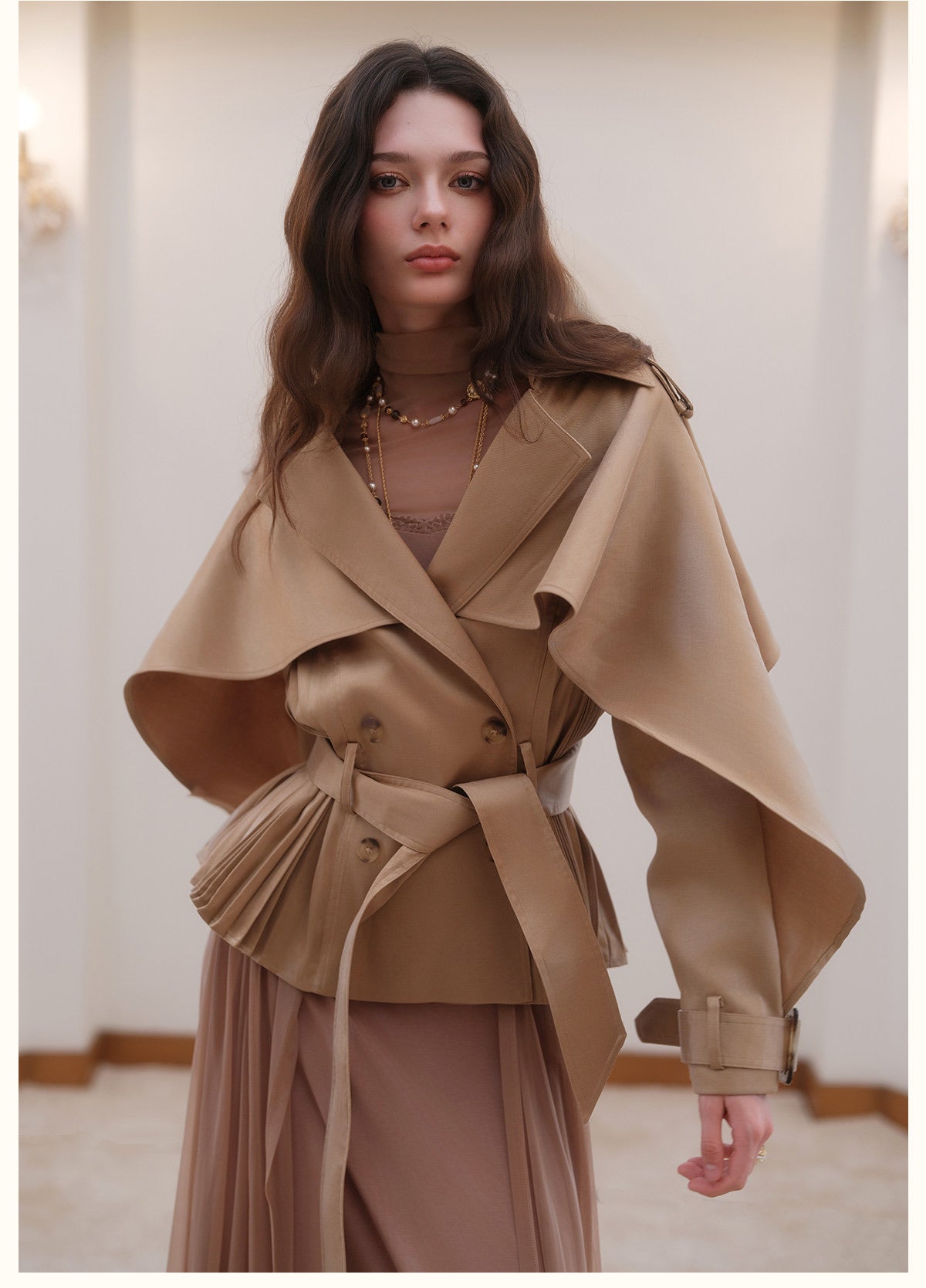 Red Cape-Sleeve Cinched Cropped Jacket
